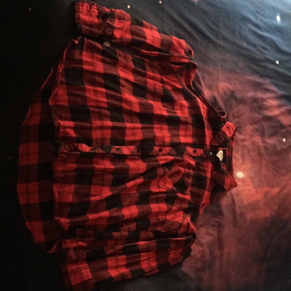 Red and Black Plaid Button Up Cold Shoulder Top 🖤